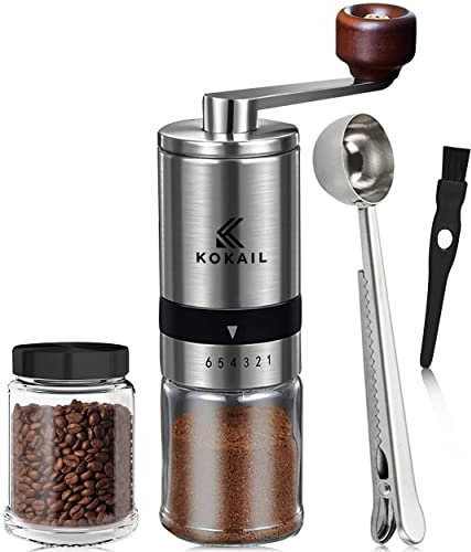 KOKAIL Manual Stainless Steel Coffee Grinder - Crank Handle with Wood Knob, 6 Adjustable Grind Settings, Includes Extra Glass with Lid for Coffee Beans, Velvet Storage Bag, Spoon & Cleaning Brush