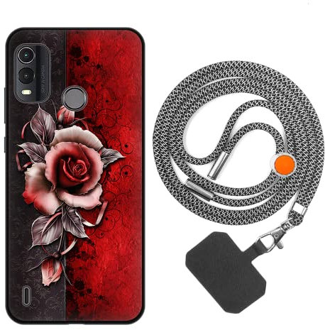 vingarshern Handyhülle Kompatibel mit Nokia G11 Plus Hülle Silikon mit Aesthetic Muster,Stoßfest Schutzhülle mit Kordel,Weich Bumper Case mit Handykette/Umhängeban,Rote Rose