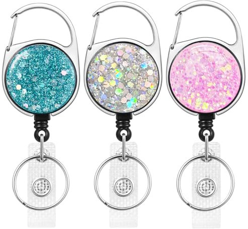 3 Pièces Porte-badges Rétractables, FadyRaye Porte Badge Enrouleur Extensibles Bling-Bling avec Crocodile Pince Pour Carte Nominative, Porte Clés [cordon en nylon de 65 cm]