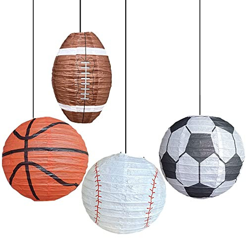 TUKEVA 4 Stück Kugel-Papierlaterne Papierlaterne Hängende Papier Papierlaterne Hängedeko Laternen Fußball Basketball Baseball Rugby Papierlaterne für Geburtstagsparty-Dekorationen (1#)