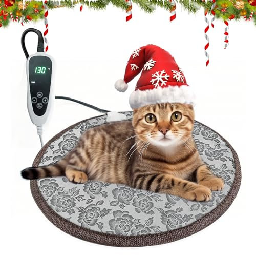 GOLOPET Cat Heating Pad Round 16in,Waterproof Outer Skin and Smart Thermostat Switch, Adjustable Heated Cat Bed, Adding Wire Rope Wires Small Dog Warming Pad Rose