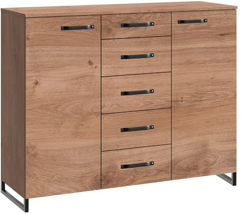 Lomadox Kommode Sideboard 139 cm, 2 Türen, 5 Schubladen, Eiche mit Stahl Nb.
