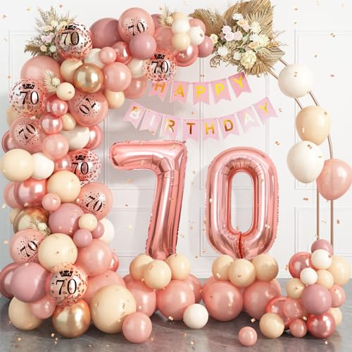 70th Birthday Decorations for Women,Rose Gold 70 Birthday Balloon Arch Garland Kit With Number 70 Foil Balloons for Women 70th Party Decoration