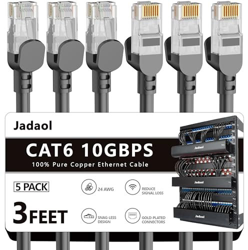 Jadaol Cat 6 Ethernet Cable 3 ft 5 Pack, Outdoor&Indoor, 10Gbps Support Cat8/7 Network, 24AWG Pure Copper Patch LAN Cord, Direct Burial Waterproof UV Resistant for Router, Modem, Switch, Server, Black
