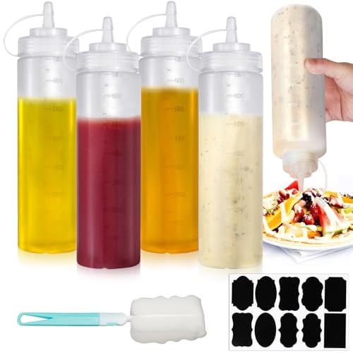 Furuising 4Pcs Large Sauce Bottle 680ML/24oz, Condiment Squeeze Bottles, Reusable Squeezy Bottles with Nozzles, Plastic Sauce Bottles with Cleaning Brush, Stickers for Condiment, Ketchup, Oil, Salad