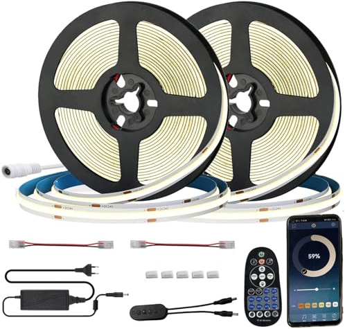 FOLGEMIR Bluetooth 10m (2x 5m) COB LED Streifen Warmweiß 3000K, Dimmbar 8mm LED Strip mit 24V Netzteil & RF Fernbedienung, Gleichmäßige Beleuchtung, APP, Timer, Musik, selbstklebend, flexibel, IP20