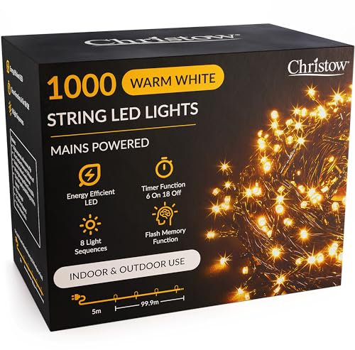 CHRISTOW Christmas Fairy Lights, Warm White LED String Lighting with Timer, Indoor & Outdoor, Mains Operated 5m Cable, 8 Light Modes Flashing & Static, Green Cable (1000 LED / 100m Lit Length)