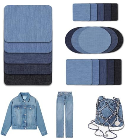 20 Pieces Iron On Patches for Cloth, Premium Quality Denim Iron-on Jean Patches Waterproof Fabric Patches Self Adhesive Cotton Assorted Shades of Blue Repair Decorating Kit for Clothes Jeans Jackets