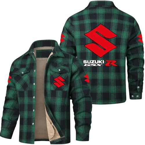 SPONYBORTY Herren Flanellhemd Jacke Su-ZUki Trucker Jacken Plaid Fleece gefüttert Langarm Button-Down Hemden Jacke wasserdicht/B/XL