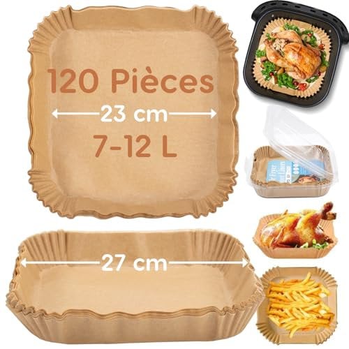 Papel Freidora Aire 23-27cm, 120 Piezas Cuadrado 7-12L Antiadherente Impermeable a Prueba de Aceite Air Fryer Papel Horno Accesorios Freidora de Aire, Perfecto Cosori Philips Ninja Cecotec XXL