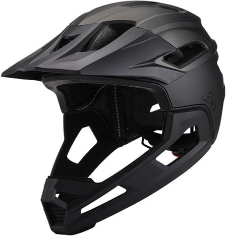 Peosaard Full Face Helmet, Mountain Bike Helmet for Adult Breathable Shock-Proof PC Full Face Bike with Detachable Chin Holder & Visor Adjustable Black for Biking, Adult