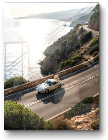CANVEO Porsche 911 Poster Leinwand Bild, Amalfiküste, Auto Sportwagen Rennwagen Wandbild Wanddeko Deko, Vintage Landschaftsbild Fotografie Druck, Weißer Porsche Bild