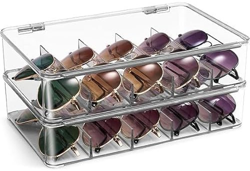 2 Stück Sonnenbrillen Aufbewahrung aus Acryl mit Staubschutzkappe - Brillen Organizer Aufbewahrungsbox - Stapelbare Brillenhalter und Brillenregal - Schubladenbox Setzkasten für Mehrere Brillen