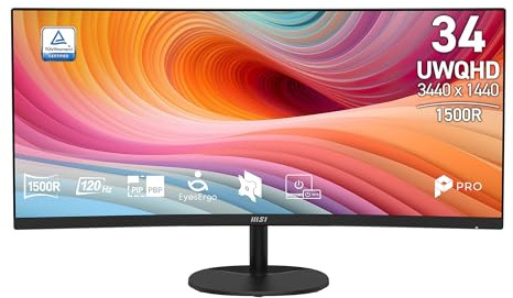 msi PRO MP341CQ E12 VA 3440 x 1440 (UWQHD), 120Hz, Adaptive Sync, HDMI, DisplayPort, VESA Mount, Speaker, 1ms, Black