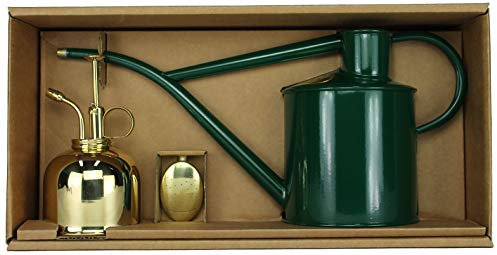 Haws Zimmergießkanne Grün 1 L und Pflanzensprüher Messing 300 ml im Geschenk Set
