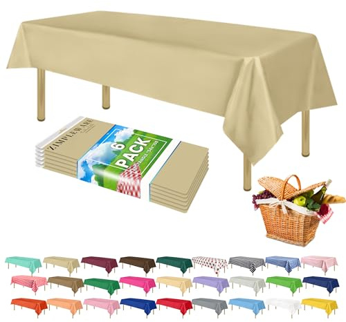 ZIMPLEWARE Premium Beige Plastic Table Cloth Disposable (6 Pk) Plastic Tablecloths for Rectangle Tables (54in x 108in) Party Table Cloths Disposable for 6ft to 8ft Rectangle Tables