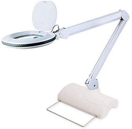 Lumeno 8615GR Lupenleuchte Arbeitsplatzlampe mit großer ovalen Linse 110x150 mm, 60 LEDs in 2 Stufen dimmbar, perfekt als Lesehilfe, für die Kosmetik oder zum Löten, 5 Dioptrien grau mit Tischstativ