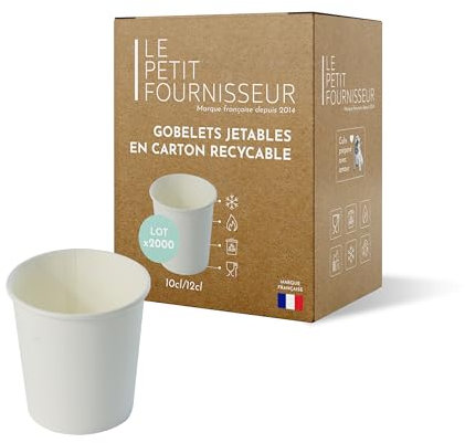 LPF LE PETIT FOURNISSEUR - Lot de 2000 Gobelets jetables en Carton Kraft 10-12cl - Recyclable & Biodégradable - Gobelets café, thé, boissons chaudes & froides - Résistant à la chaleur - Couleur Blanc