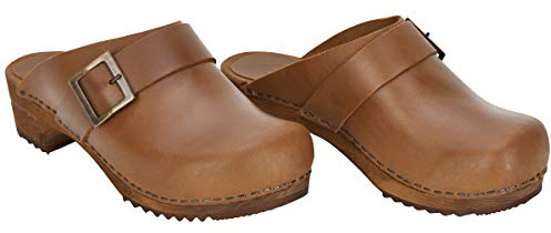 Sanita Urban Offener Clog | Original handgemacht | Leder-Holzclogs für Damen | Nachhaltige Materialen | Cognacbraun | 39 EU