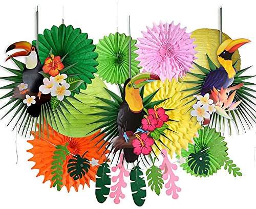 SUNBEAUTY Tropical Bird Toucan Leaf Garland Kit for Summer Hawaiian Luau Tiki Tropical Jungle Themed Party Decorations with Paper Palm Leaves Fans Lanterns