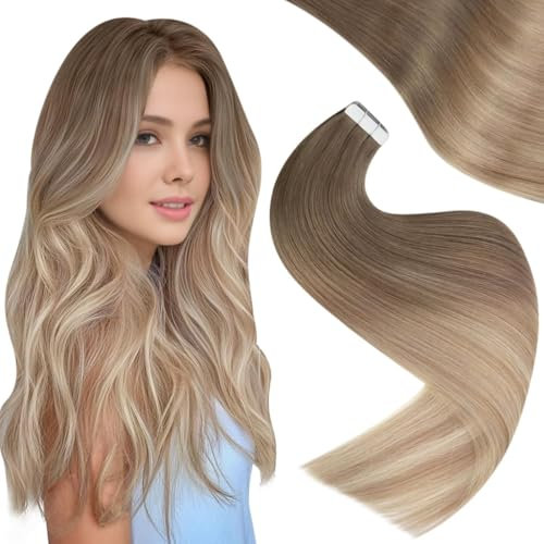 Easyouth Balayage Tape Extensions Echthaar Blond Echthaar Tape in Extensions Hellbraun Ombre Platinblond Aschblond Echthaar Extensions Tape Remy Haar Glatt 30 cm 30g #8/60/18 20pcs