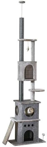 PawHut 255cm Floor To Ceiling Cat Tree for Indoor Cats Climber Scratching Post Adjustable Height Play Tower Removable Cover Grey