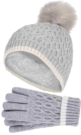 Heat Holders - Mädchen Kinder StrickMütze Bommel Pompom und Strickhandschuhe Set