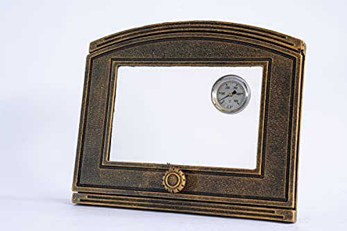 SEZAM Porte de four en fonte avec thermomètre 500 °C, ouverture à gauche, porte de four à pizza - four à pain - porte de four en pierre, 37 x 6 x 31,5 cm - semi-circulaire, or antique
