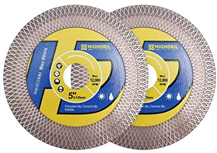 HIGHDRIL Tile Diamond Saw Blade,2pcs Cutting Disc Wheel 5/125mm for Dry/Wet Cutting & Grinding Porcelain Granite Marble Ceramic Artificial Stone