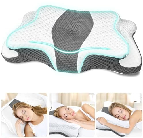 CHxxy Memory Foam Pillows, Cervical Pillow for Neck and Shoulder Pain Relief, Ergonomic Contour Bed Pillow, Soft for Side Sleep Stomach Sleeping and Back Sleeper-Queen Size&Grey