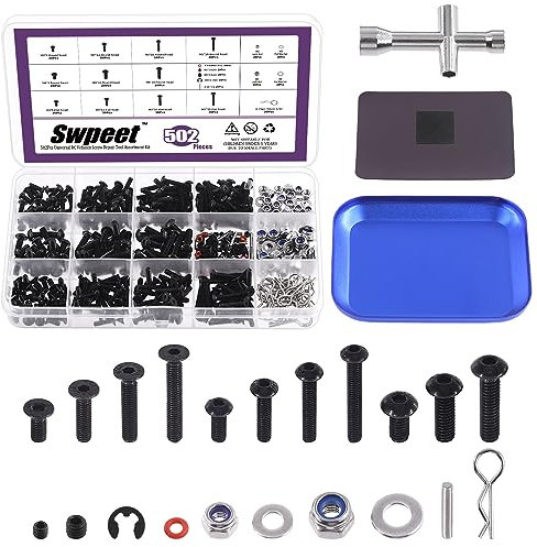 Swpeet Juego de 502 tornillos universales RC, sujetadores de hardware compatibles con coches RC a escala 1/8 1/10 1/12 1/16, color negro