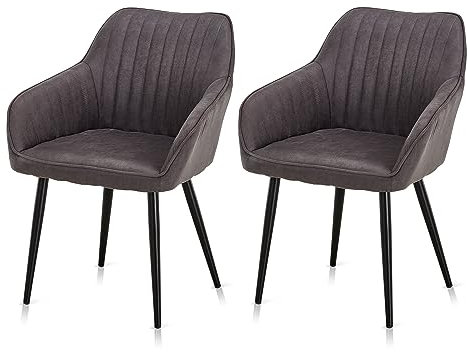 KHG 2er Set Esszimmerstühle Polsterstuhl Küchenstuhl Sessel mit Armlehnen Grau Mikrofaser - Metallbeine schwarz, Rückenlehne und Armlehnen gesteppt - Design Stuhl Sitzhöhe 47 cm