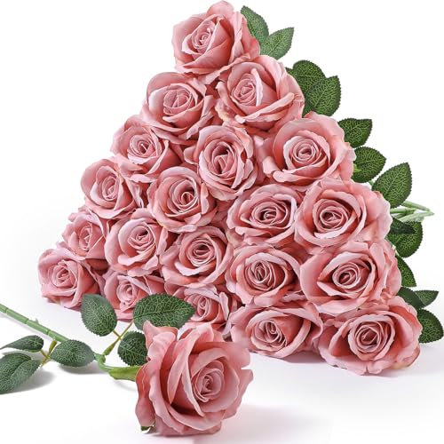 Serwalin 𝟮𝟬𝗽𝗰𝘀 Artificial Roses, Dusty Pink 𝗩𝗲𝗹𝘃𝗲𝘁 Lifelike Long Stem Roses, Silk Fake Roses Real Touch Bouquet for Valentine’s Day Mother’s Day Wedding Home Decor and Table Centerpiece