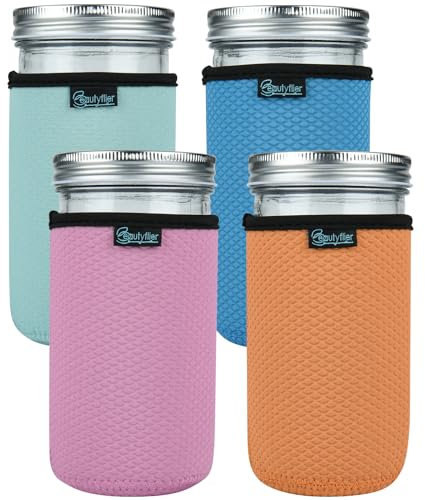 Beautyflier Wide Mouth Mason Jars 24oz Insulators, 24oz Wide Mouth Mason Jars Insulated Cozy Neoprene Canning Cover, 24oz Mason Jars Drinking Glasses Sleeve Cover (24oz,4Color), HOME-SLEEVE-MASON-