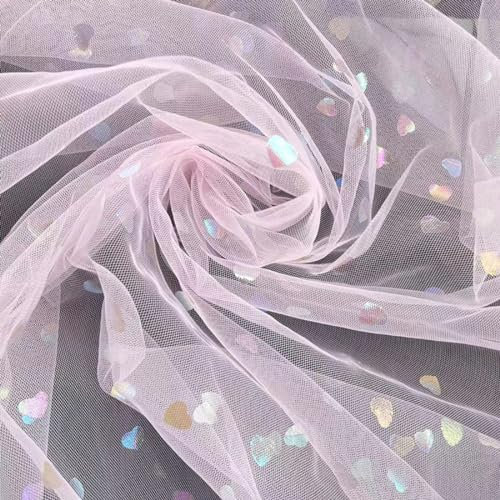 Tessuto in tulle lucido da 1 Yard con paillettes a cuore colorate,largo 150 cm,rotolo di tulle in tessuto decorativo con paillettes a cuore,per cucito,decorazione,artigianato fai da te,vestito,rosa