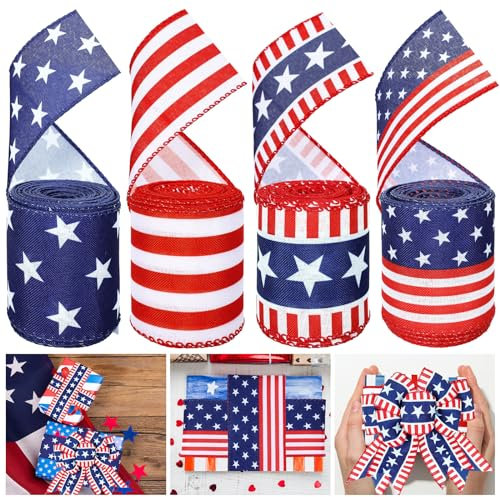 Whaline 4 Rollen 4. Juli Band mit Drahtrand, patriotisches Drahtband, USA-Flagge, Sterne, Streifen, Band für Unabhängigkeitstag, Gedenktag, Geschenkpapier, Kranz, Schleife, Handwerk, Party-Dekoration,