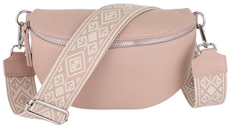 MIRROSI® Bauchtasche Damen, Echtleder, Made in Italy, Umhängetasche, Brusttasche, Crossbody Bag (1 Tasche & 2 Gurte) (Rosa (KARO Rosa), Große Tasche (28x18x9cm))