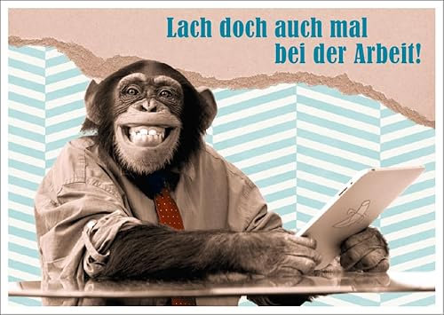 Gutsch Verlag Lustige Bürohumor Postkarte mit Affe in Hemd und Krawatte, 'Lach doch auch mal bei der Arbeit!' Motivationsspruch, Witzige Postkarte für Kollegen.