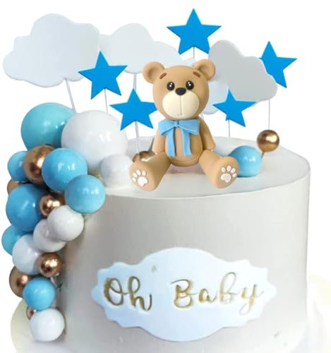 38 PCS Teddy Bear Cake Decoration with Gold Blue White Pearl Ball Blue Bear Cake Toppers Baby Welcome Baby Cake Decoration Party Birthday Party Teddy Bear Birthday Decoration