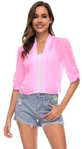 Famrrifuu Donna Coprispalle Elegante Estivo Cardigan Corta Bolero Giacca Coprispalle Corto per Matrimonio,Rosa,L