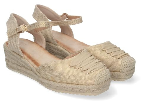 shoes&blues.es 84165 Sandalia de Cuna para Mujer, Comda y Elegante, Forrada de Yute con Adorno en la Pala y Cierre de Hebilla. Apricot Talla 36