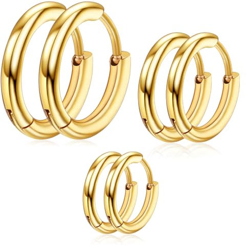 3 Paar Damen Creolen Gold Edelstahl Ohrringe 8/10/12mm Kleine Knorpelohrringe Damen Herren Mädchen Hypoallergene Ohrringe