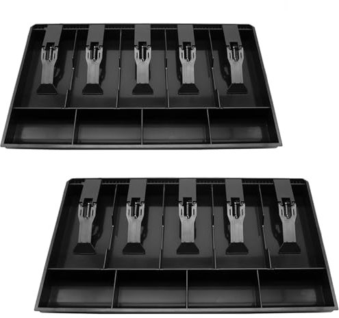 Paquete de 2 bandejas para caja registradora con 5 compartimentos para billetes/4 monedas para almacenamiento de dinero, color negro