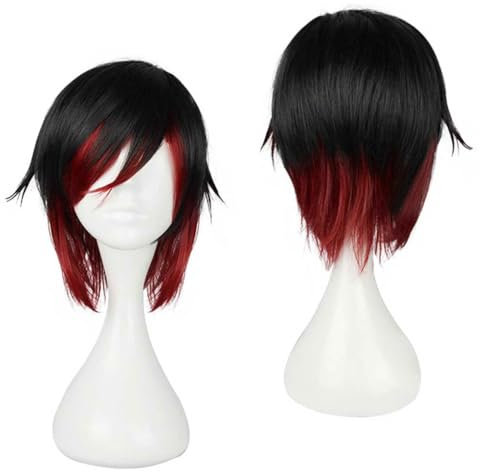 Anime Perücke RWBY Cosplay Ruby Rose Perücke,Short Black Red Perücke Halloween Perücke,Karneval Weihnachten Tägliche Perücke
