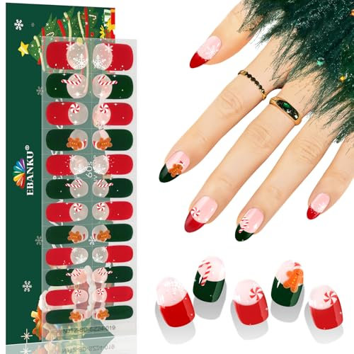 EBANKU 24 Piezas Pegatinas Navidad Semicuradas, Rojo y Verde, Tiras Con Purpurina y Lima De Uñas, Decoración Larga Duración, Gel Nail Art Stickers