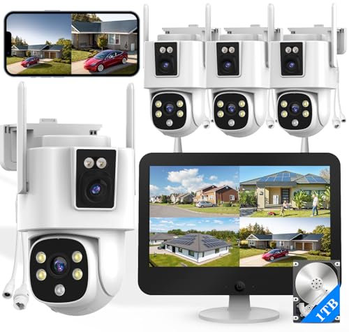 Wkkengd Wireless Security Camera System Outdoor Dual Lens Auto Tracking 4 Security Cameras for Home 12.5 Monitor 1TB 10