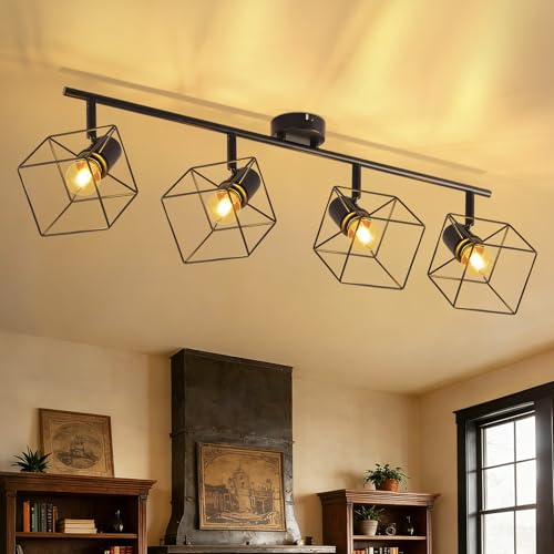 Homefire Deckenstrahler Deckenlampe 4 Flammig Schwarz - E14 Deckenleuchte | 350° Schwenkbar Vintage Lampe Metall Deckenspots Schlafzimmerlampe für Wohnzimmer Flur Küche - Ohne Leuchtmittel