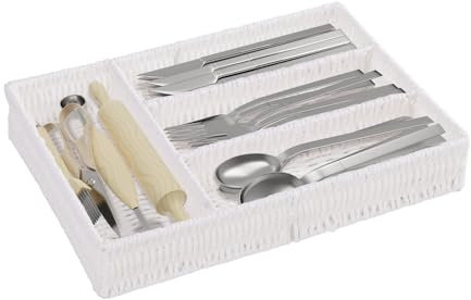 Yawinhe 1st Besteckkasten für Schubladen, Aufbewahrungskorb Geflochtener Besteck-Organizer, Vielseitiger Schubladeneinsatz Küche, für Löffel, Gabeln, aus Papierseil, 35x25x5.5cm, Weiß