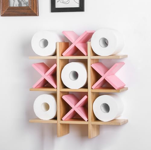 Weysat Tic Tac Toe Support de rangement de papier toilette en bois rustique à suspendre pour salle de bain - Étagère murale autonome pour papier toilette (couleur bois, rose)