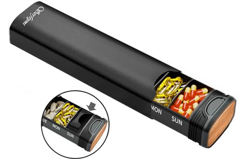 Serfeymi Tablettenbox 7 Tage - Metall Medikamentenbox, Pillendose, Tabletten Organizer Ein-/Ausschiebedesign, Pillenbox, Dispenser Medikamente für Pill, Supplement(Zusätzliche Dichtung)- Schwarz